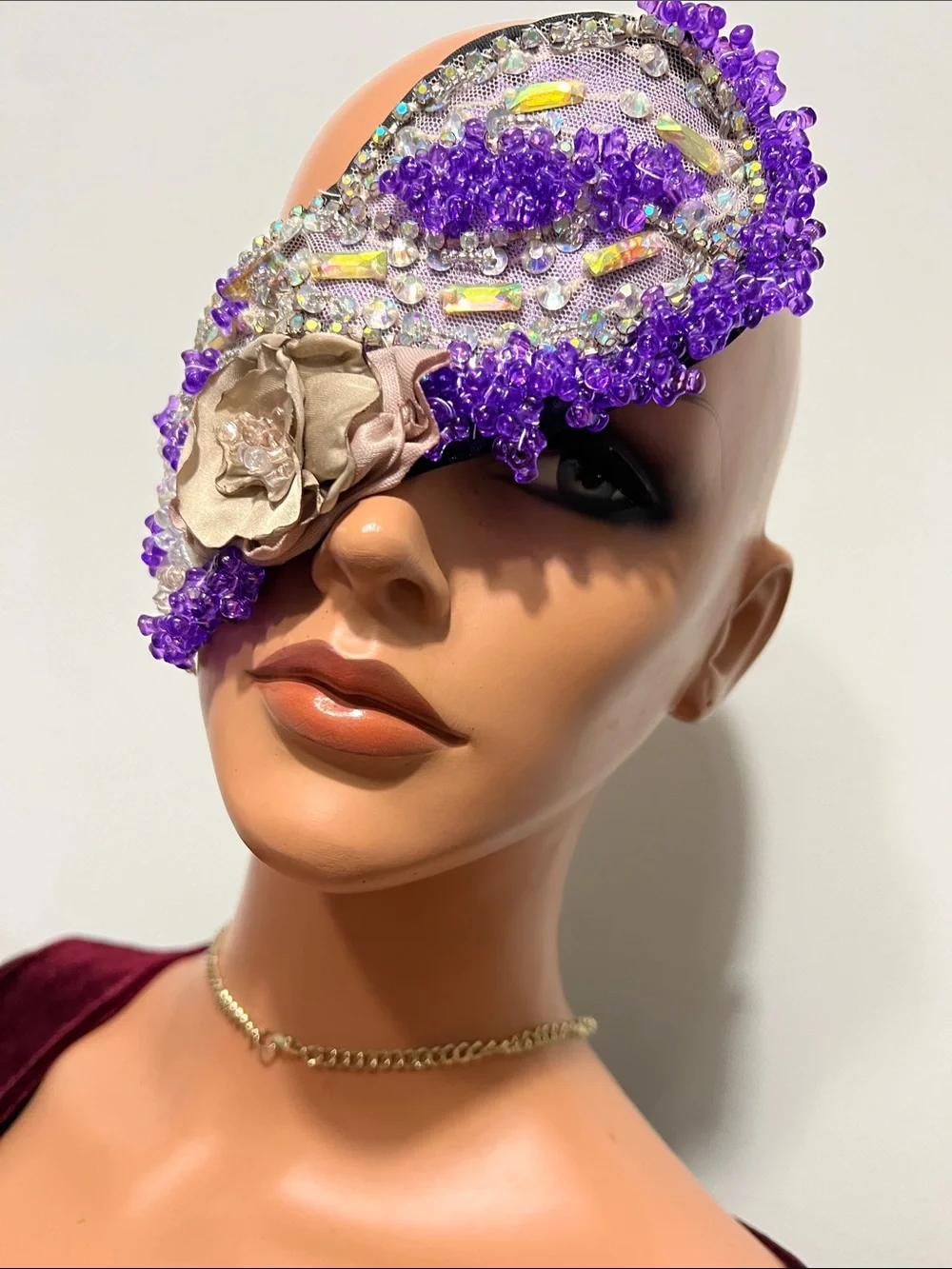 Purple Beaded Decorative Sleep Mask with Champagne Flower Accent